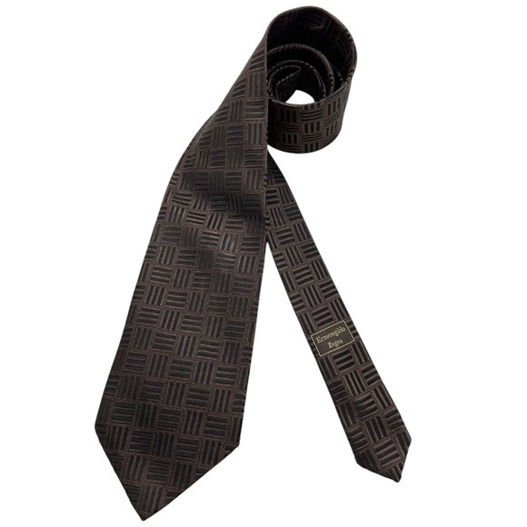 ERMENEGILDO ZEGNA Brown Geometric Silk LUXURY Tie ITALY - Picture 1 of 6